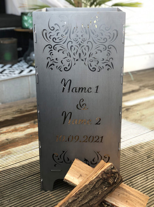 Feuertonne zur Hochzeit in edler Optik mit Hochzeitsspruch personalisiert