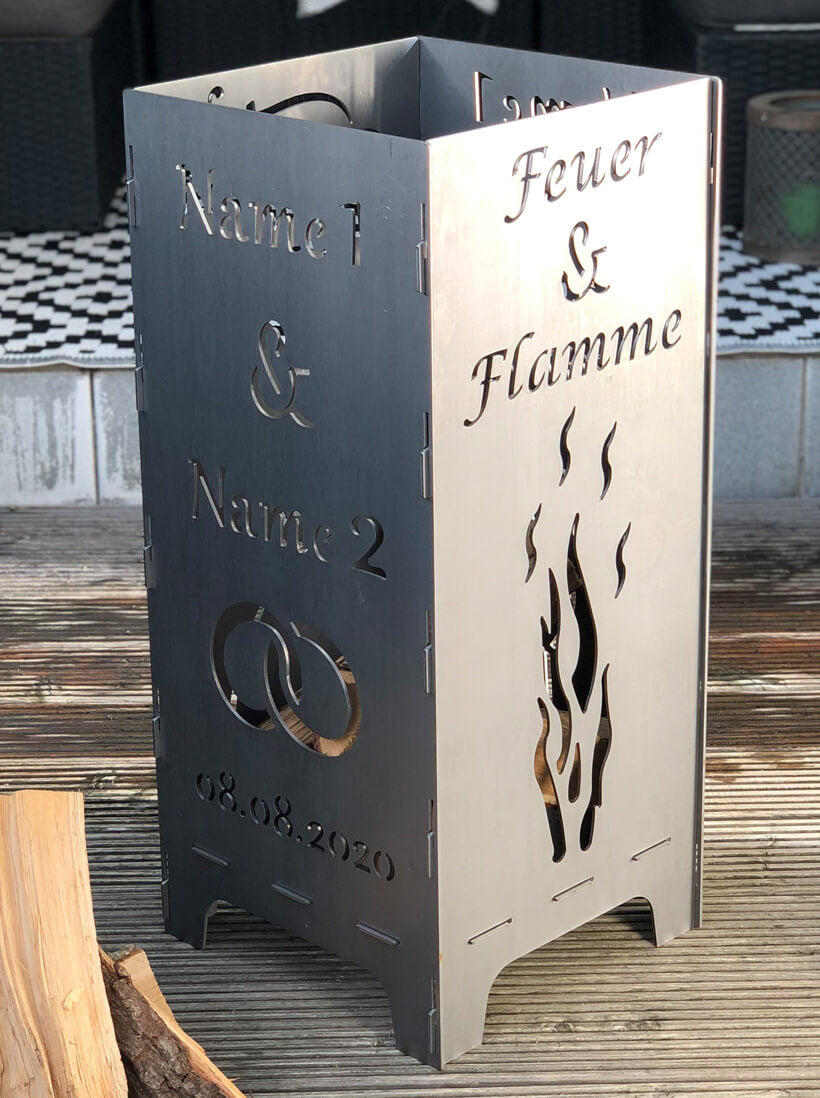 Feuertonne Hochzeit | Feuer & Flamme mit Ringen | 75 cm | 100 cm | Personalisiert