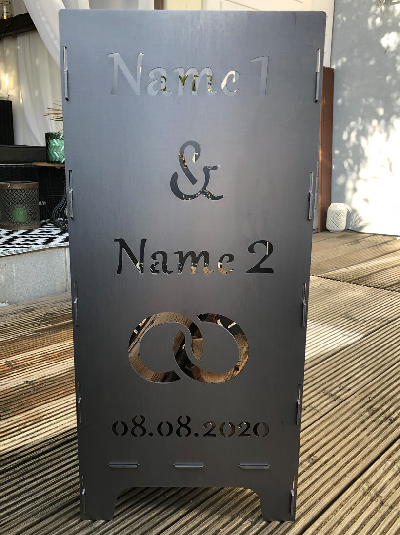 Feuertonne Hochzeit | Feuer & Flamme mit Ringen | 75 cm | 100 cm | Personalisiert