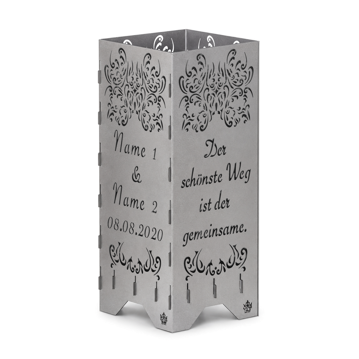 Feuertonne zur Hochzeit in edler Optik mit Hochzeitsspruch personalisiert