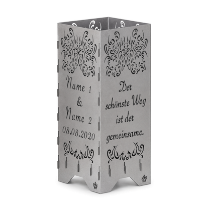 Feuertonne zur Hochzeit in edler Optik mit Hochzeitsspruch personalisiert
