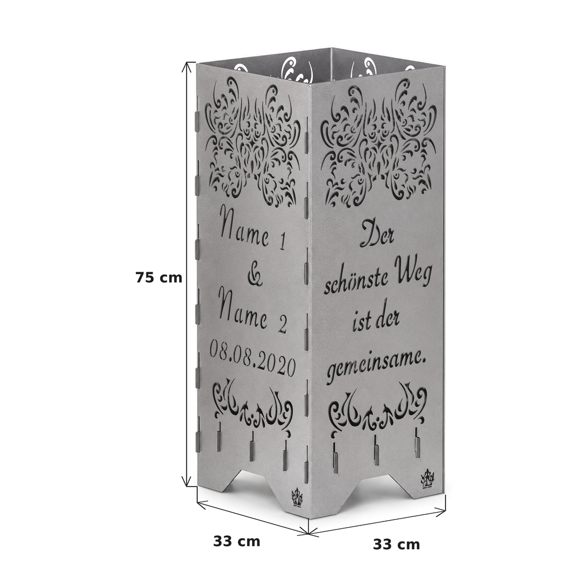 Feuertonne zur Hochzeit in edler Optik mit Hochzeitsspruch personalisiert