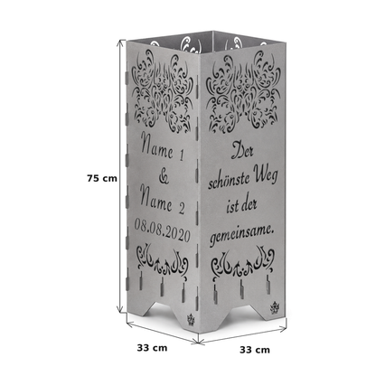 Feuertonne zur Hochzeit in edler Optik mit Hochzeitsspruch personalisiert