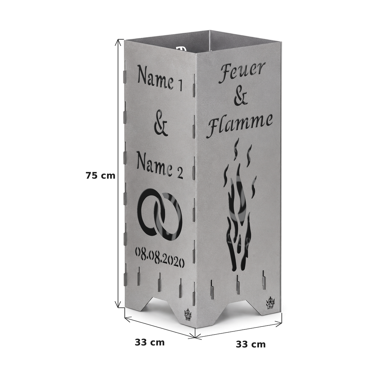 Feuertonne Hochzeit | Feuer & Flamme mit Ringen | 75 cm | 100 cm | Personalisiert
