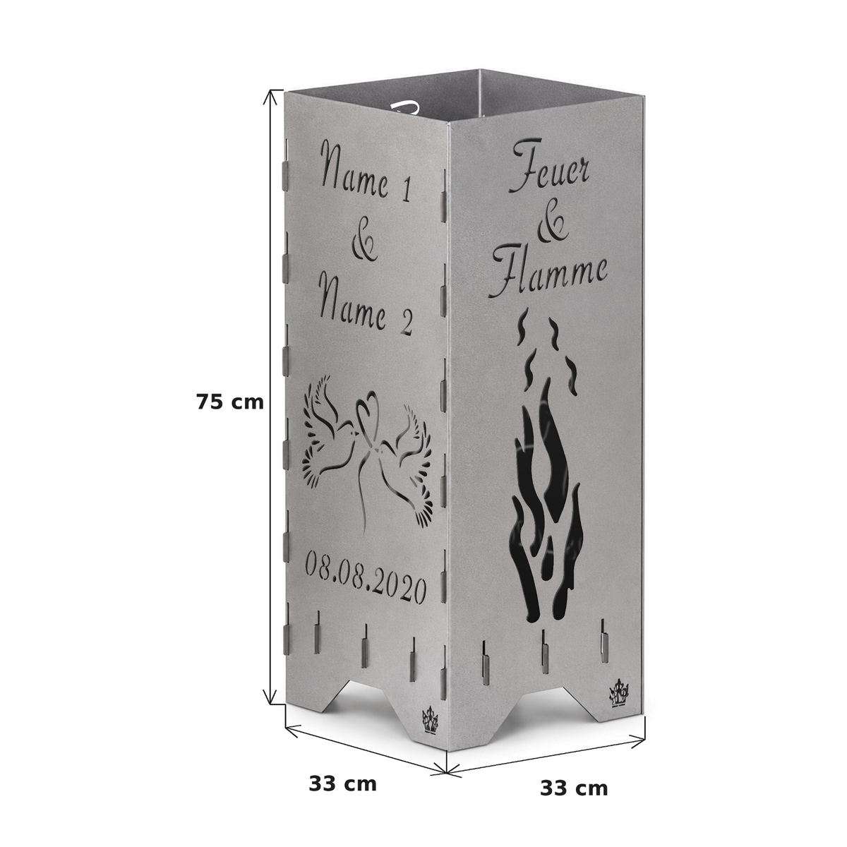 Feuertonne zur Hochzeit mit Feuer & Flamme und Tauben personalisiert