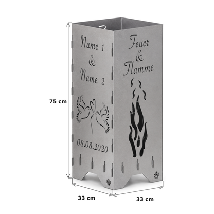 Feuertonne zur Hochzeit mit Feuer & Flamme und Tauben personalisiert