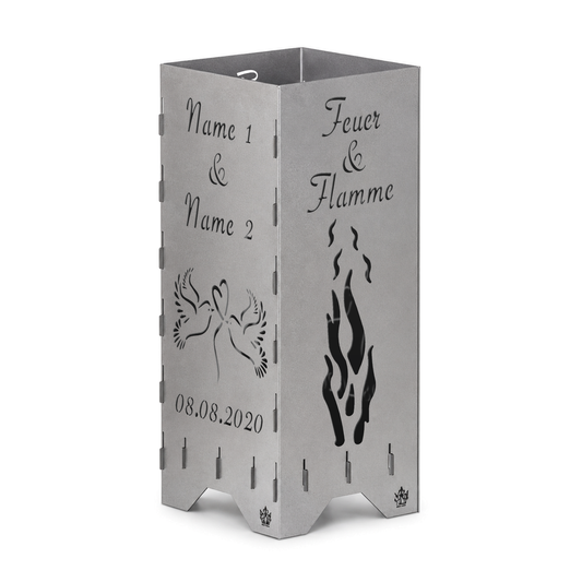 Feuertonne zur Hochzeit mit Feuer & Flamme und Tauben personalisiert