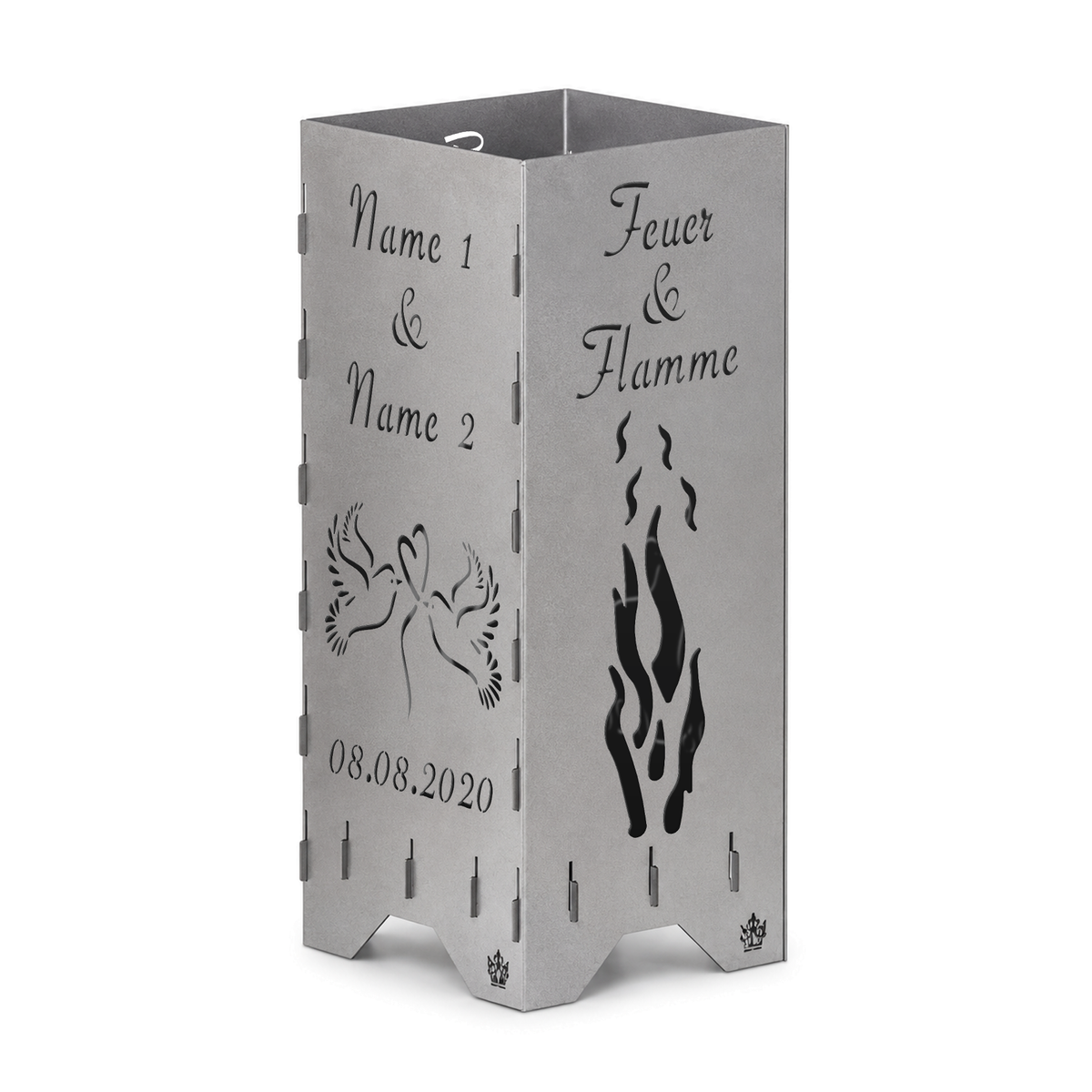 Feuertonne zur Hochzeit mit Feuer & Flamme und Tauben personalisiert