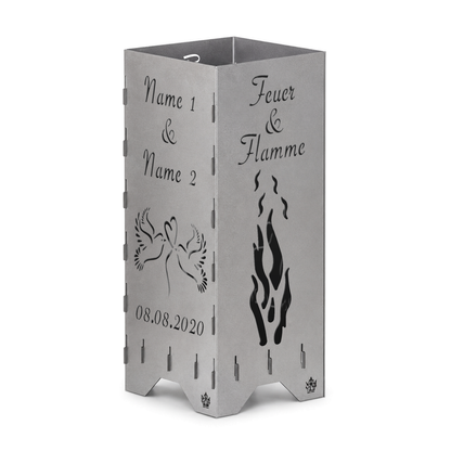 Feuertonne zur Hochzeit mit Feuer & Flamme und Tauben personalisiert