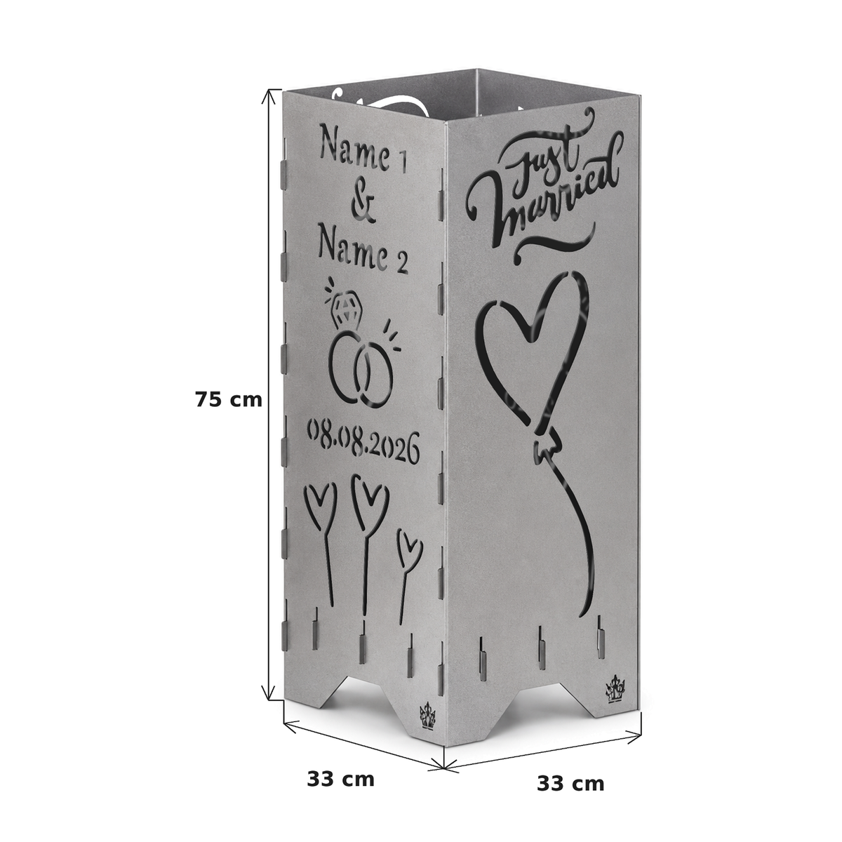 Maße der Hochzeitstonne 75 cm: 75 cm hoch, Grundfläche 33 x 33 cm