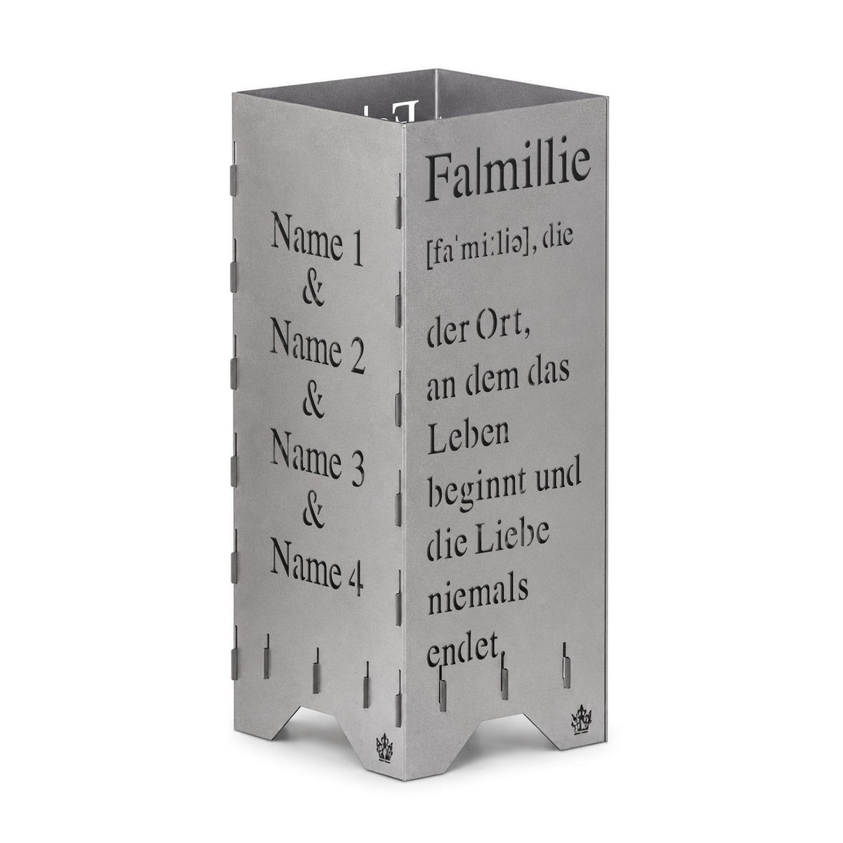 Personalisierte Feuertonne 75 cm mit Namen der Familie und Definition von Familie
