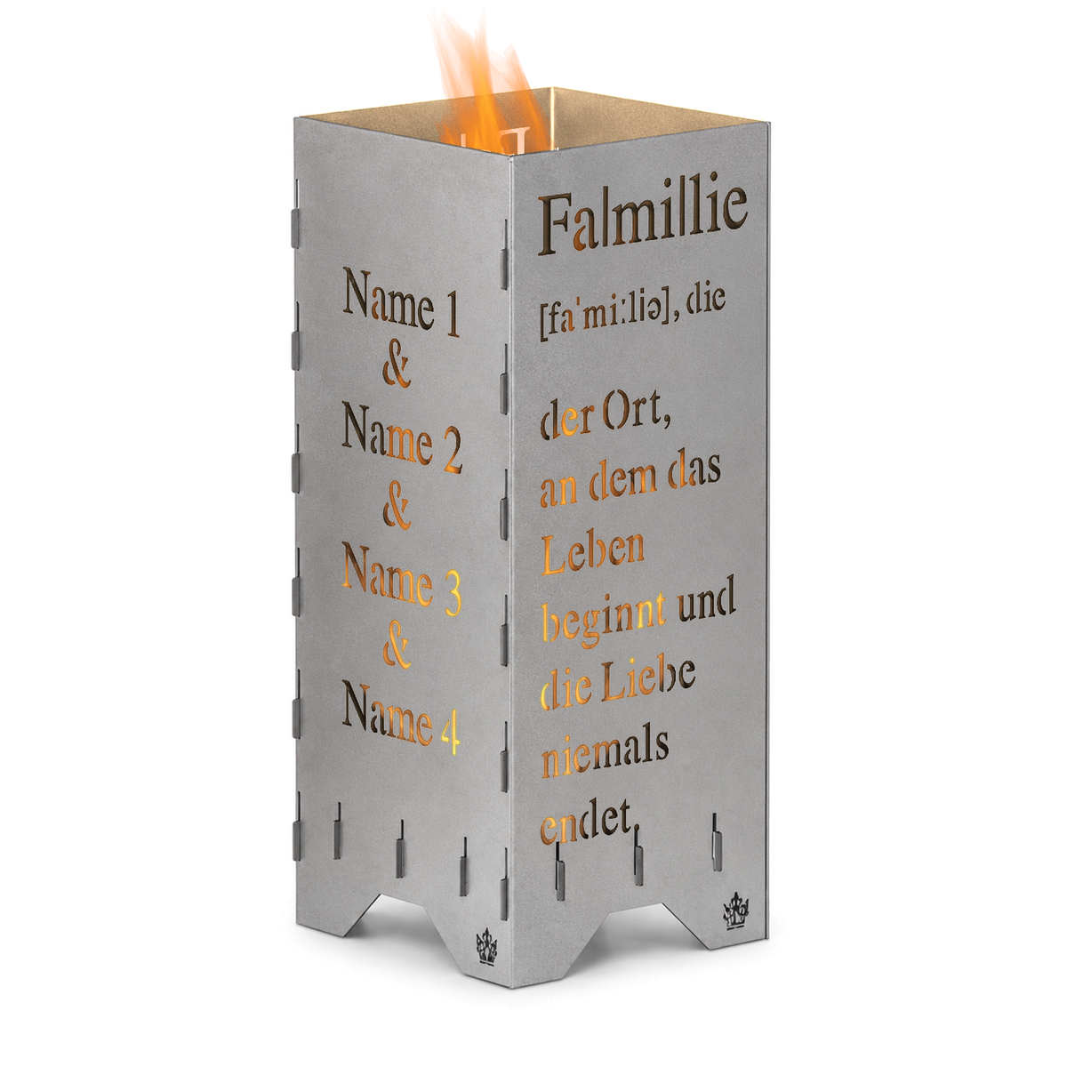 Feuertonne Familie Definition mit Feuer, das durch die Schrift leuchtet