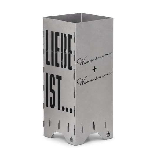 Personalisierte Feuertonne "Liebe ist... Wunschname & Wunschname" in 2 Größen bis 1 m Höhe