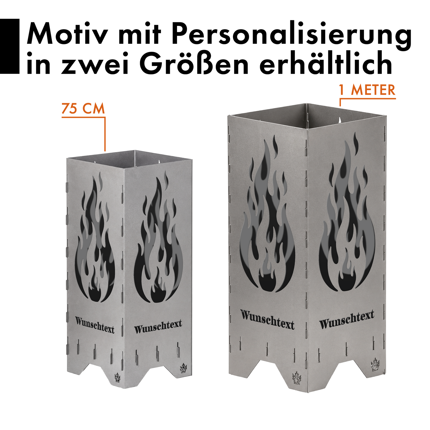 Personalisierte Feuertonne "Flamme" mit Wunschtext in 2 Größen bis 1 m Höhe