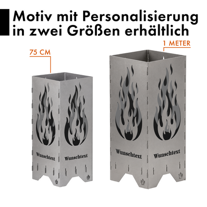 Personalisierte Feuertonne "Flamme" mit Wunschtext in 2 Größen bis 1 m Höhe