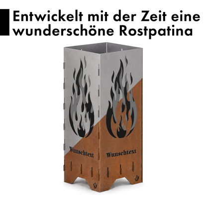 Personalisierte Feuertonne "Flamme" mit Wunschtext in 2 Größen bis 1 m Höhe