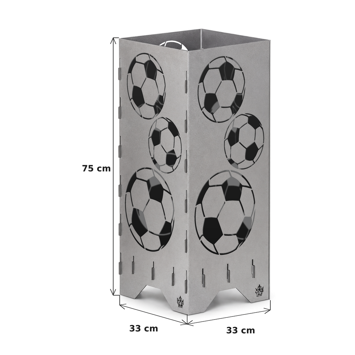 Maße der Feuertonne Fußball 75 cm: 75 cm hoch, Grundfläche 33 x 33 cm