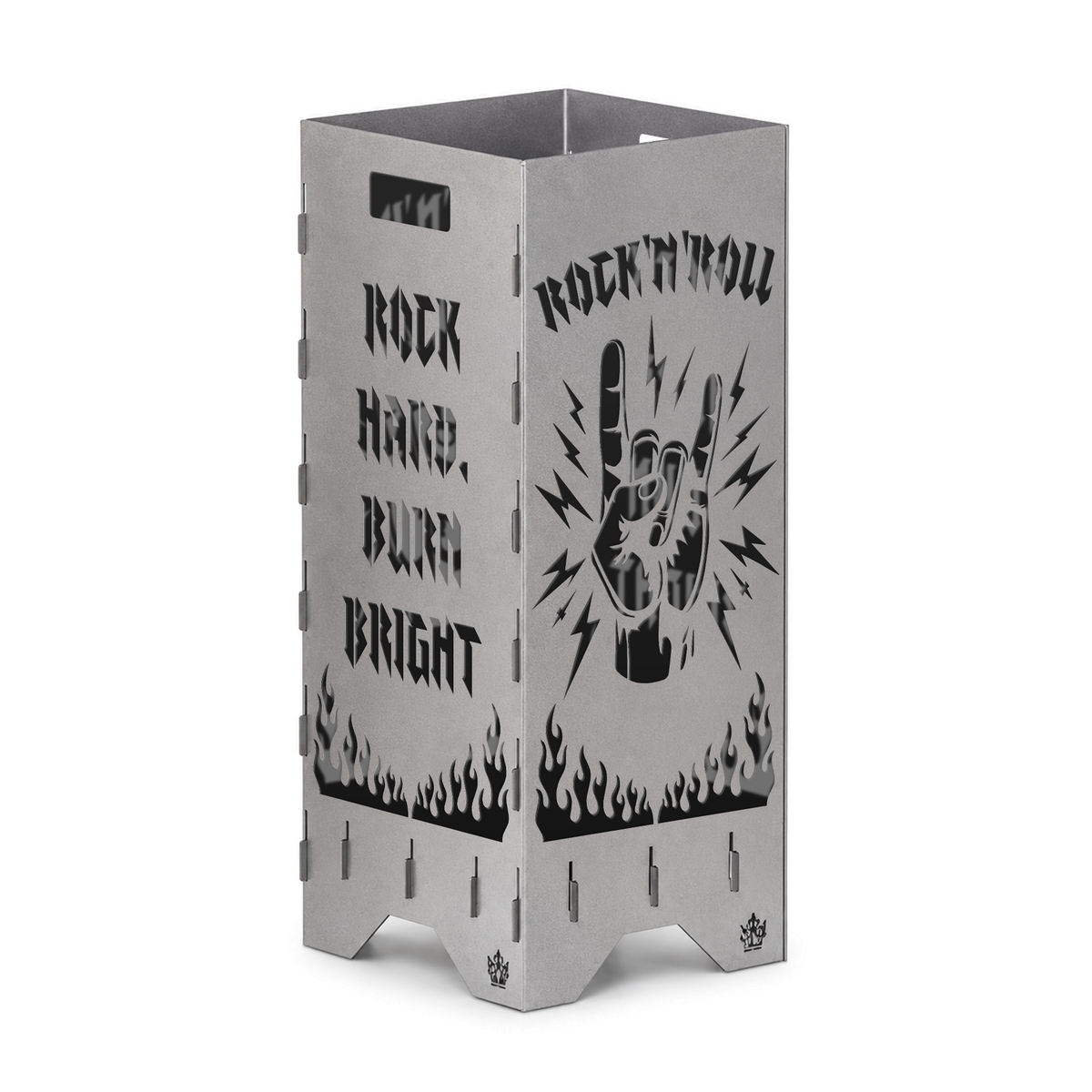 Feuertonne Rock 'n' Roll 75 cm aus Stahl mit Rock Hand, Flammen und Spruch Rock hard, burn bright