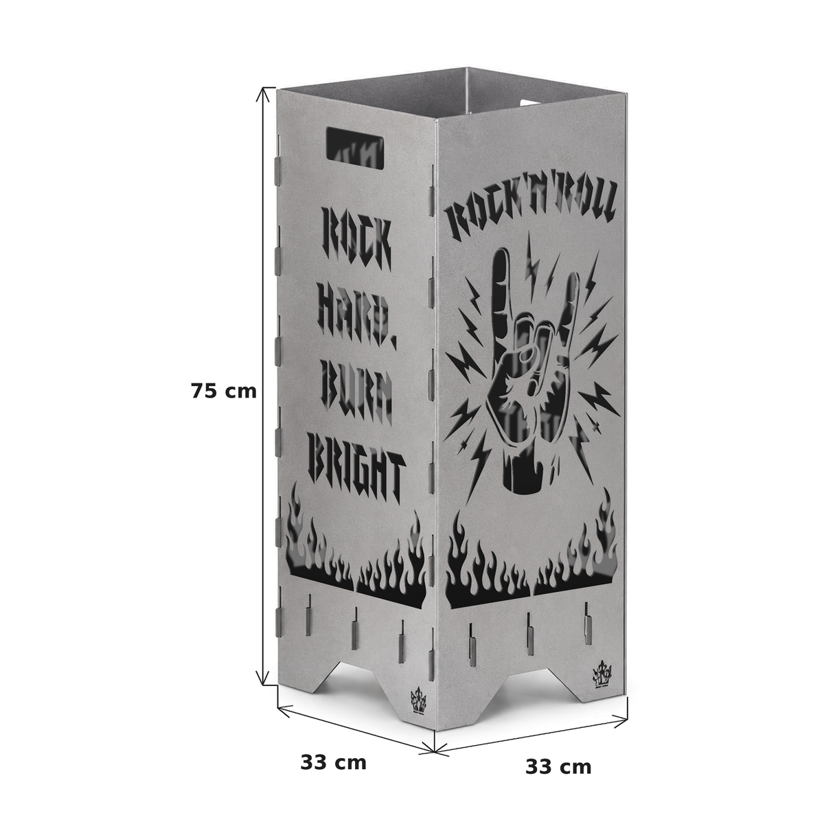 Maße der Feuertonne Rock 'n' Roll 75 cm: 75 cm hoch, Grundfläche 33 x 33 cm