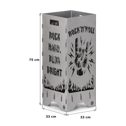Maße der Feuertonne Rock 'n' Roll 75 cm: 75 cm hoch, Grundfläche 33 x 33 cm