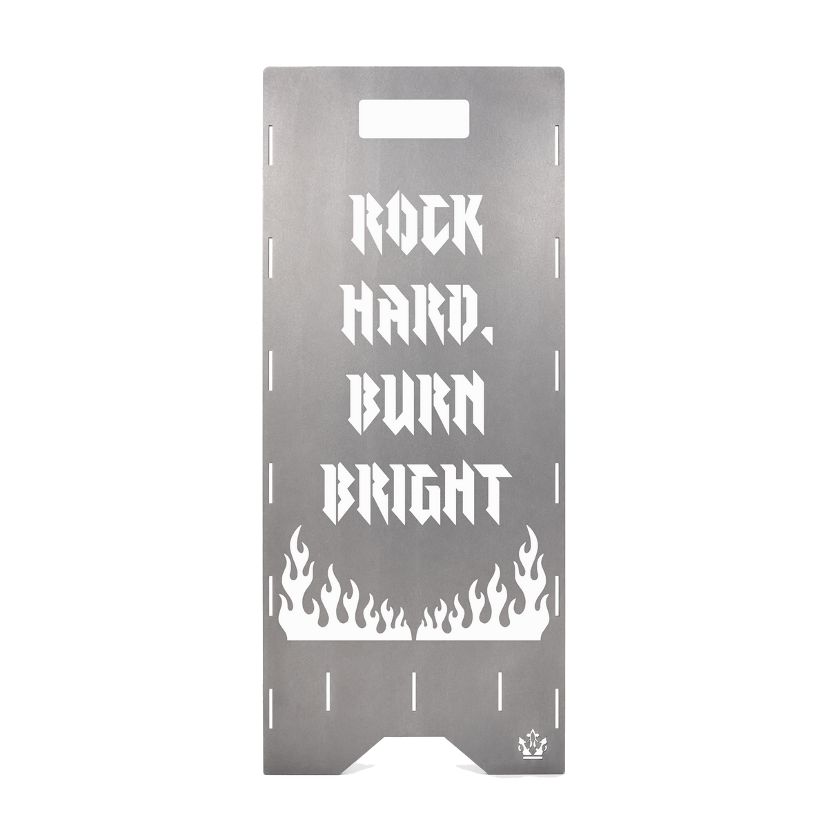 Seitenteil der Feuertonne Rock 'n' Roll 75 cm mit Spruch Rock hard, burn bright und Flammen