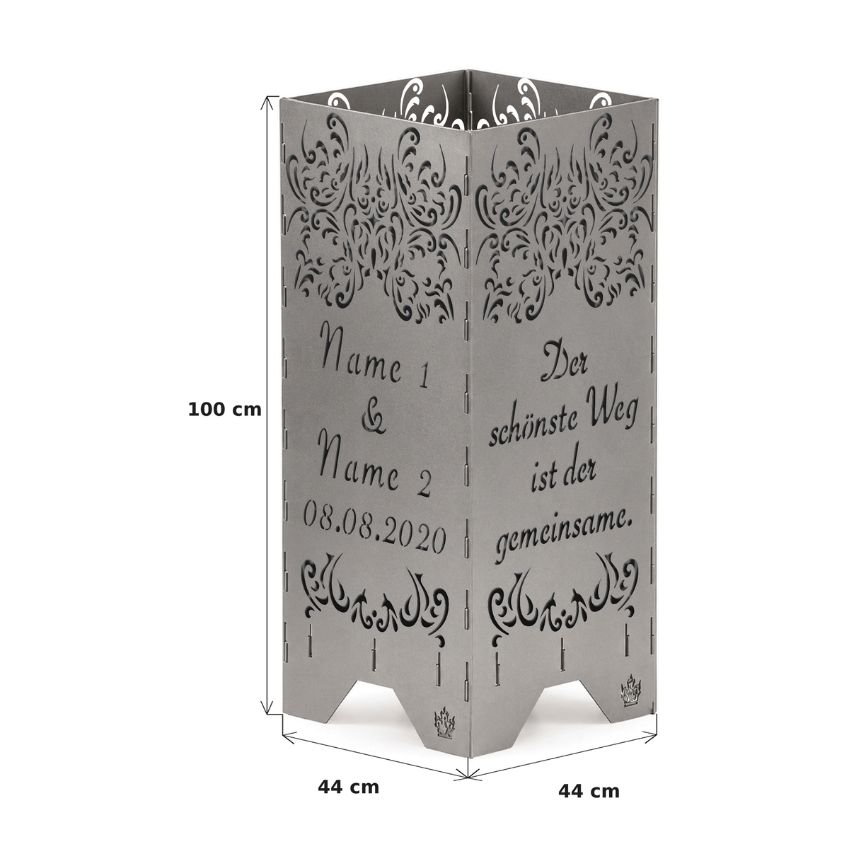Feuertonne zur Hochzeit in edler Optik mit Hochzeitsspruch personalisiert