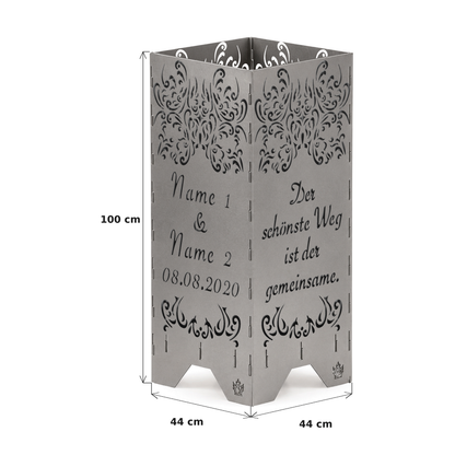 Feuertonne zur Hochzeit in edler Optik mit Hochzeitsspruch personalisiert