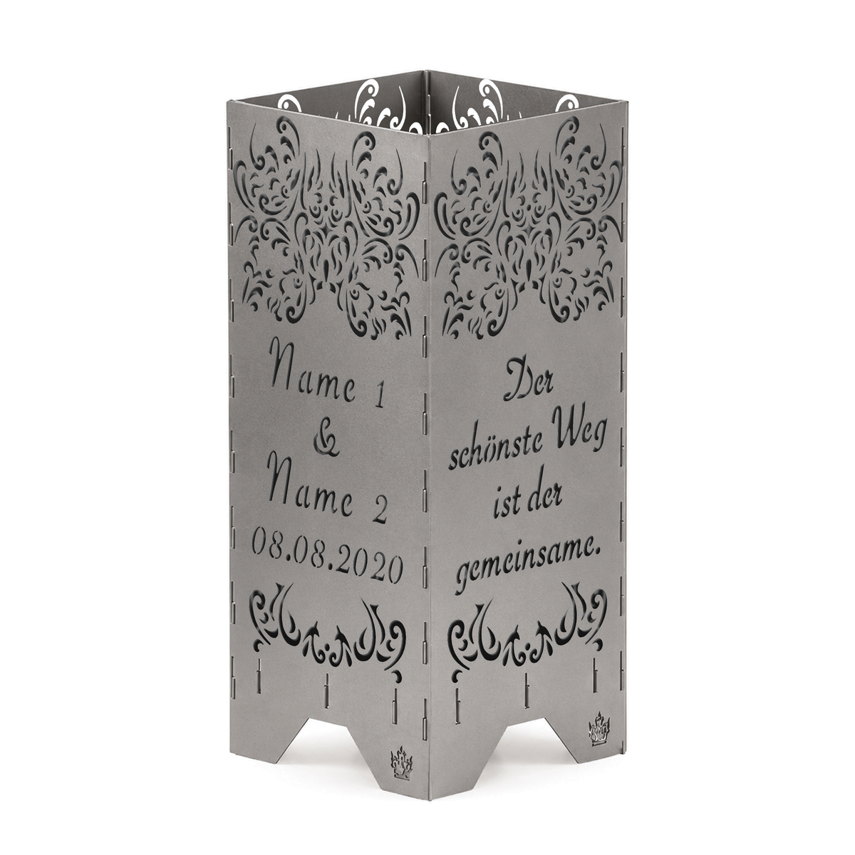 Feuertonne zur Hochzeit in edler Optik mit Hochzeitsspruch personalisiert