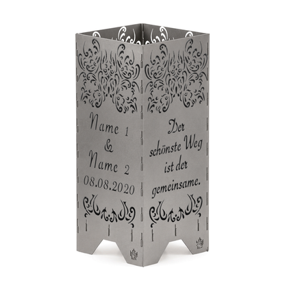 Feuertonne zur Hochzeit in edler Optik mit Hochzeitsspruch personalisiert