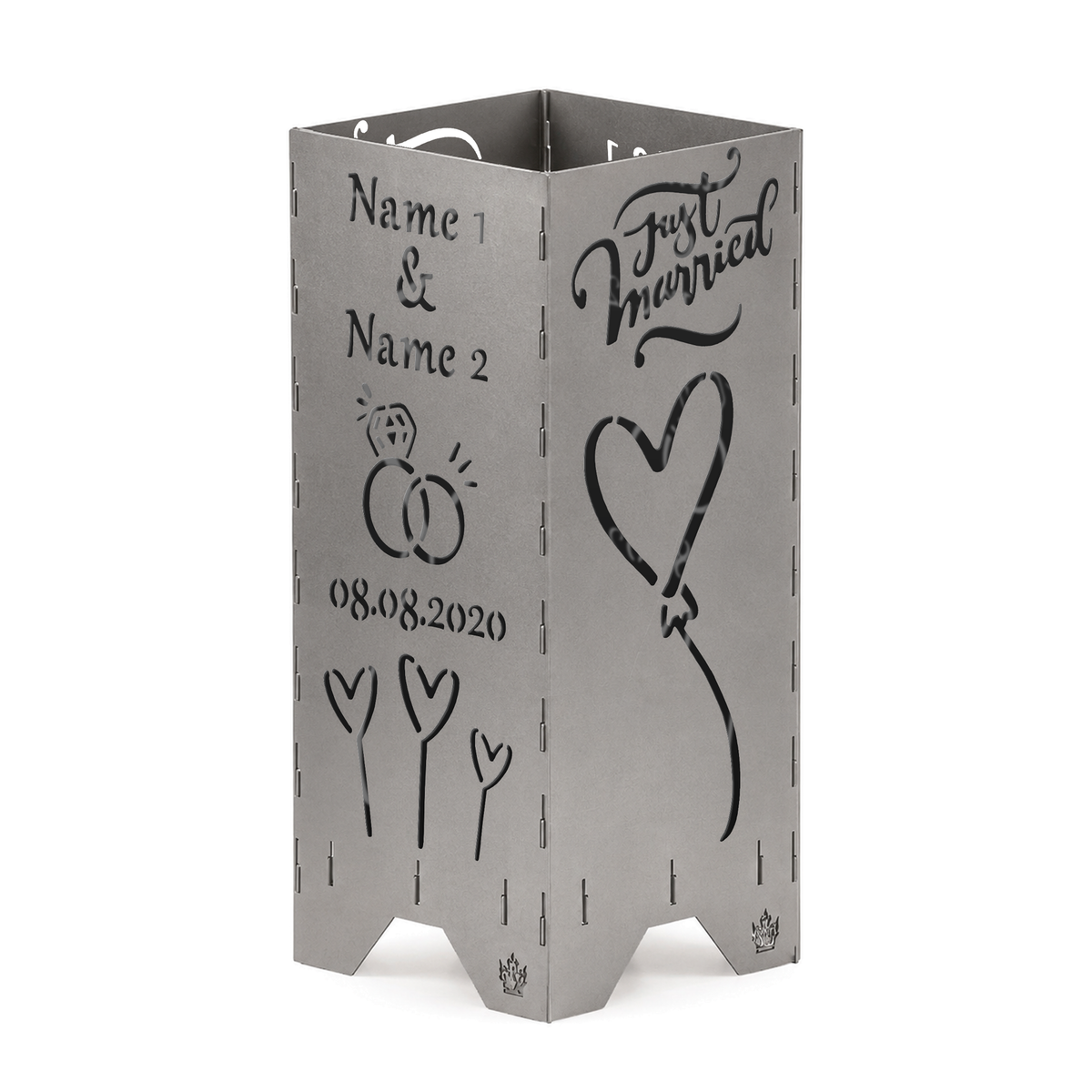 Personalisierte Feuertonne zur Hochzeit 100 cm mit Just married Motiv, Namen und Datum