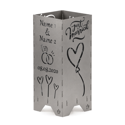 Personalisierte Feuertonne zur Hochzeit 100 cm mit Just married Motiv, Namen und Datum
