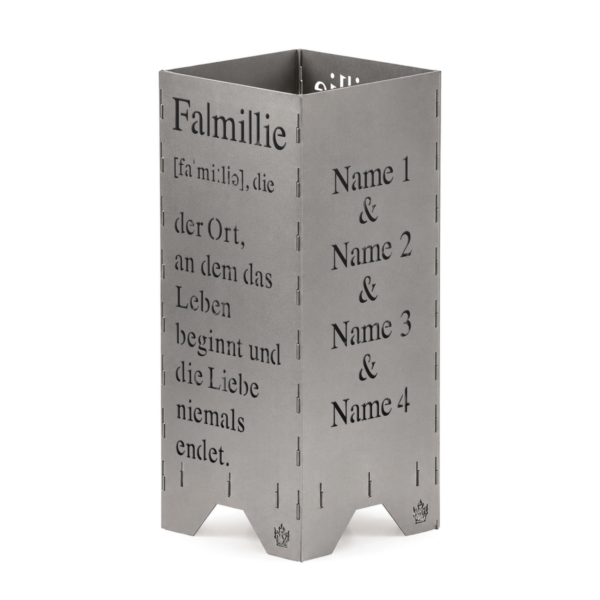 Personalisierte Feuertonne 100 cm mit Definition von Familie und Namen