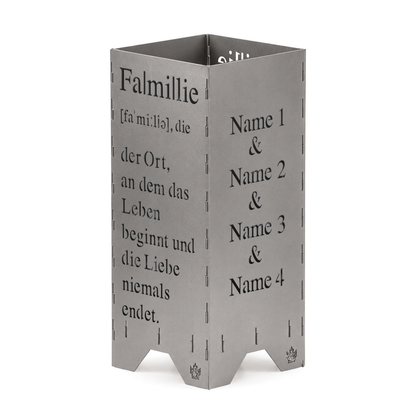 Personalisierte Feuertonne 100 cm mit Definition von Familie und Namen