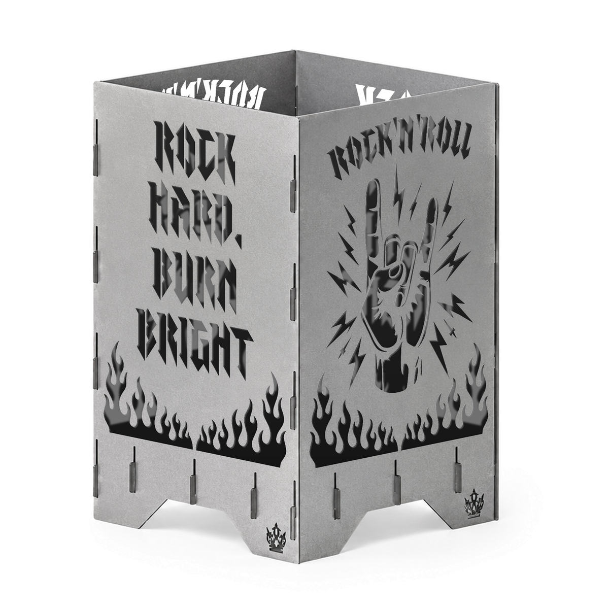 Feuertonne Rock 'n' Roll 50 cm aus Stahl mit Rock Hand, Flammen und Spruch Rock hard, burn bright