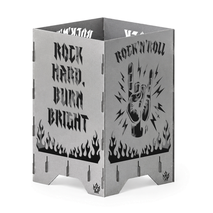 Feuertonne Rock 'n' Roll 50 cm aus Stahl mit Rock Hand, Flammen und Spruch Rock hard, burn bright