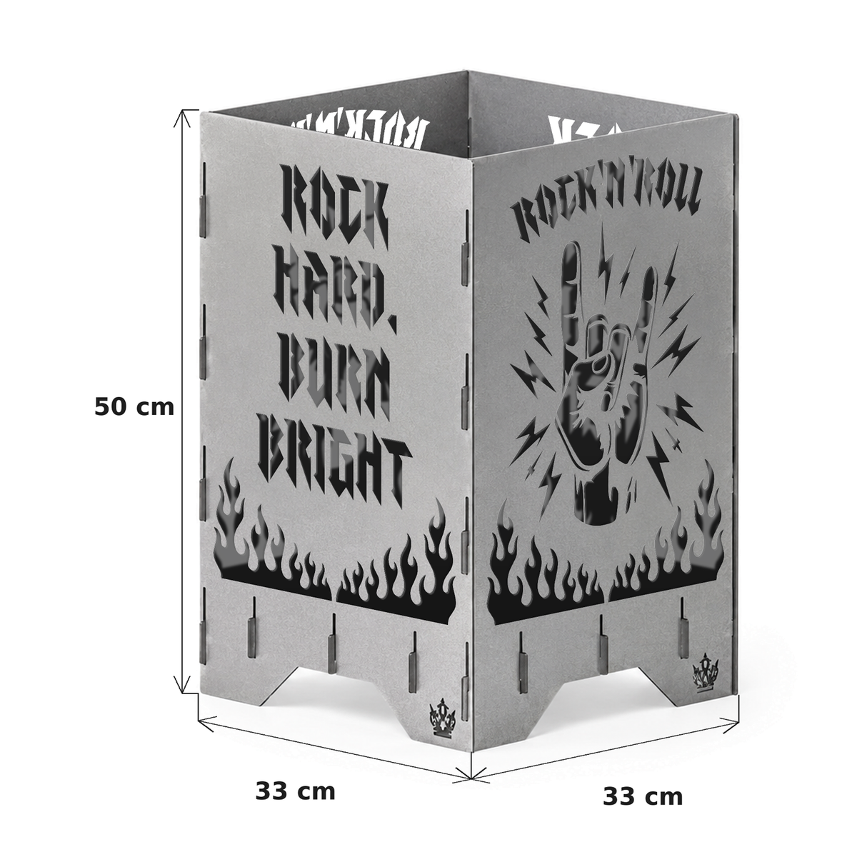 Maße der Feuertonne Rock 'n' Roll 50 cm: 50 cm hoch, Grundfläche 33 x 33 cm