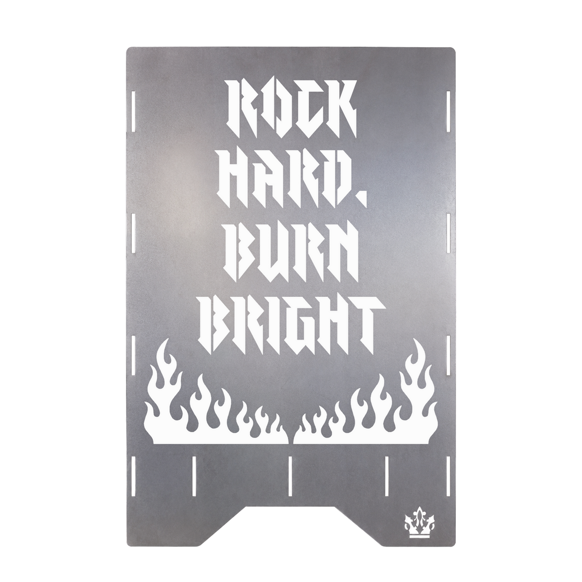 Seitenteil der Feuertonne Rock 'n' Roll 50 cm mit Spruch Rock hard, burn bright und Flammen