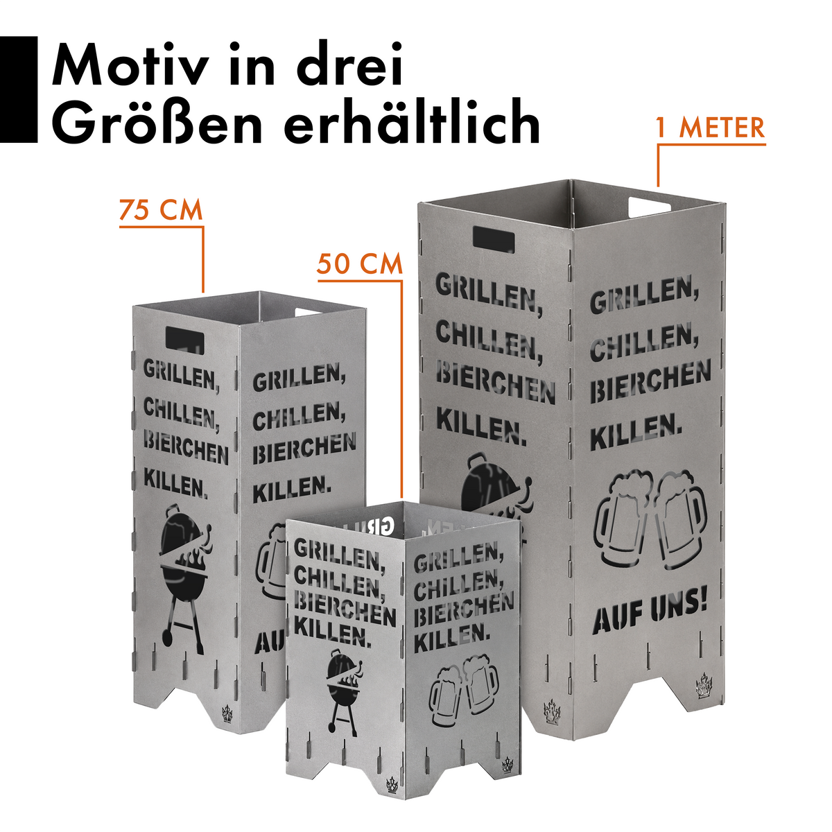 Feuertonne "Grillen, chillen" in 3 Größen bis 1 m Höhe