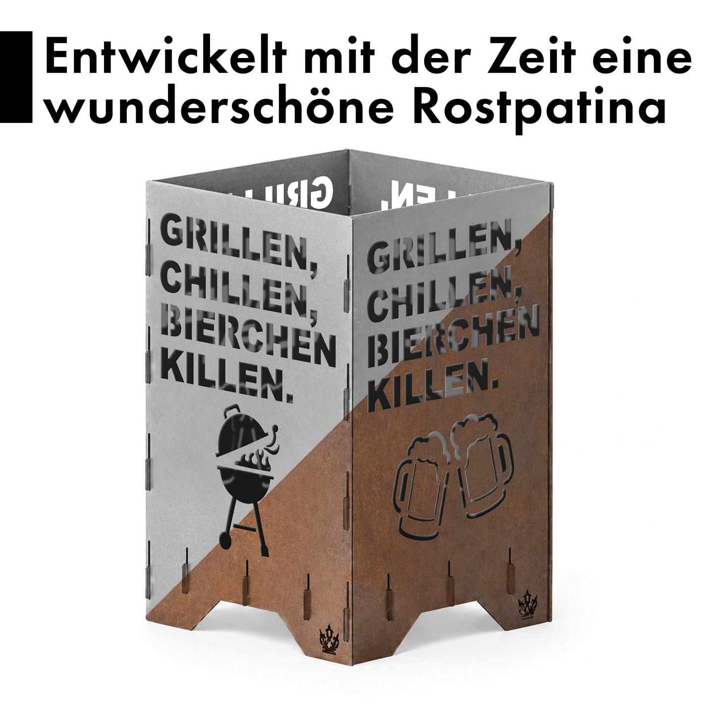 Feuertonne "Grillen, chillen" in 3 Größen bis 1 m Höhe