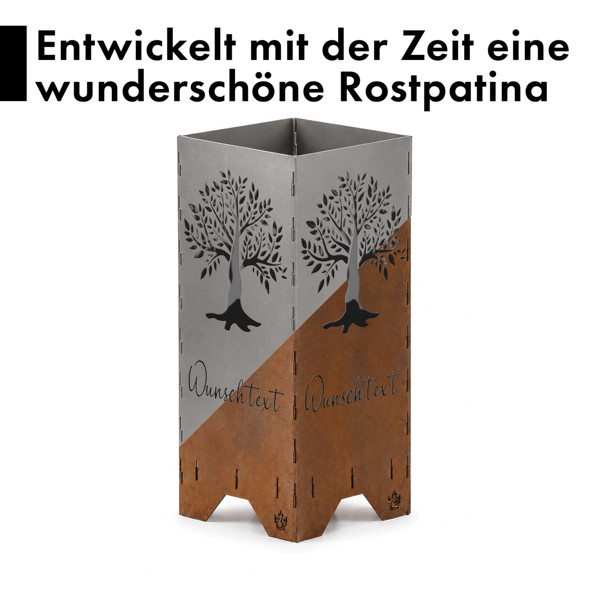 Personalisierte Feuertonne "Lebensbaum" mit Wunschtext in 2 Größen bis 1 m Höhe