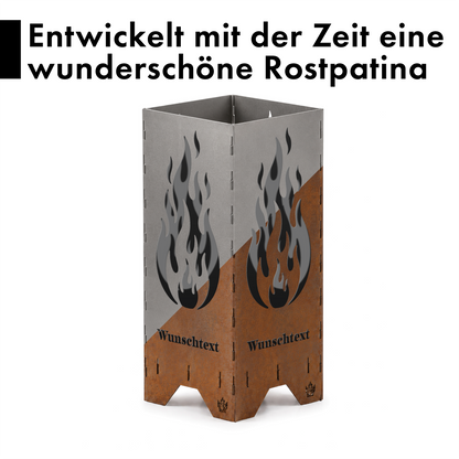 Personalisierte Feuertonne "Flamme" mit Wunschtext in 2 Größen bis 1 m Höhe