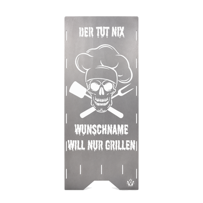 Personalisierte Feuertonne "Der tut nix, der will nur grillen" mit Wunschname in 2 Größen bis 1 m Höhe