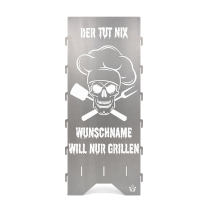 Personalisierte Feuertonne "Der tut nix, der will nur grillen" mit Wunschname in 2 Größen bis 1 m Höhe