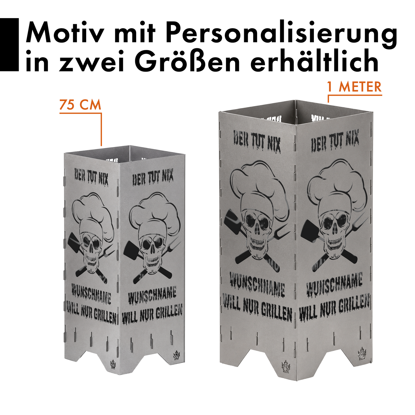 Personalisierte Feuertonne "Der tut nix, der will nur grillen" mit Wunschname in 2 Größen bis 1 m Höhe
