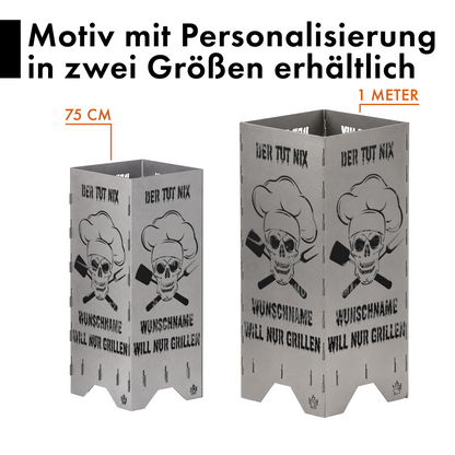 Personalisierte Feuertonne "Der tut nix, der will nur grillen" mit Wunschname in 2 Größen bis 1 m Höhe