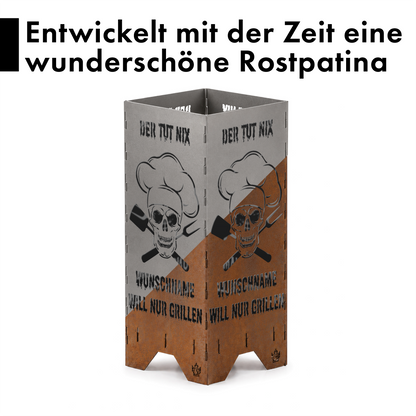 Personalisierte Feuertonne "Der tut nix, der will nur grillen" mit Wunschname in 2 Größen bis 1 m Höhe