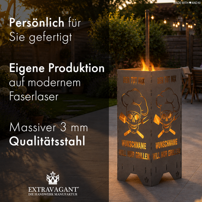 Personalisierte Feuertonne "Der tut nix, der will nur grillen" mit Wunschname in 2 Größen bis 1 m Höhe