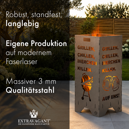 Feuertonne "Grillen, chillen" in 3 Größen bis 1 m Höhe