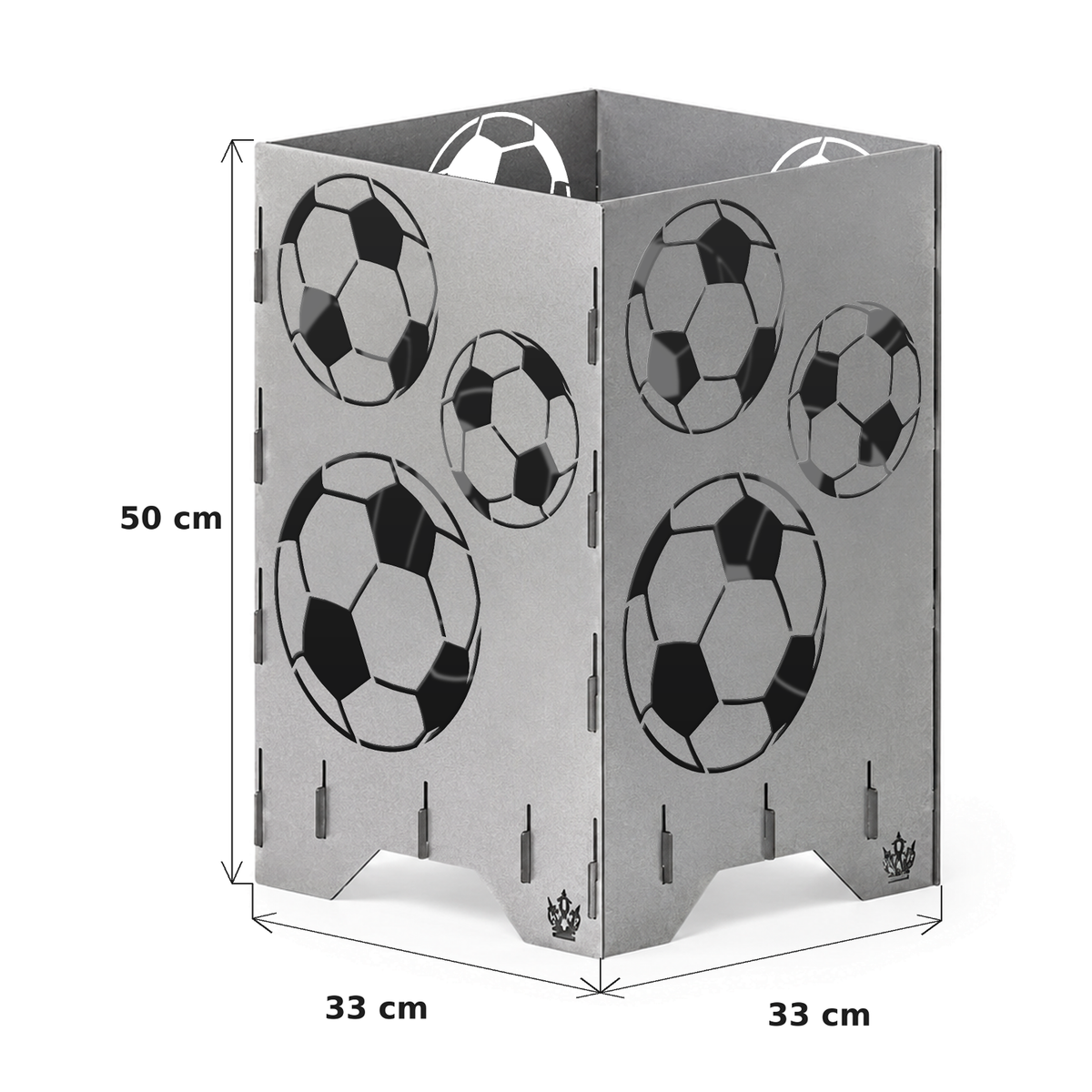 Maße der Feuertonne Fußball 50 cm: 50 cm hoch, Grundfläche 33 x 33 cm