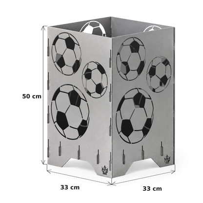 Maße der Feuertonne Fußball 50 cm: 50 cm hoch, Grundfläche 33 x 33 cm
